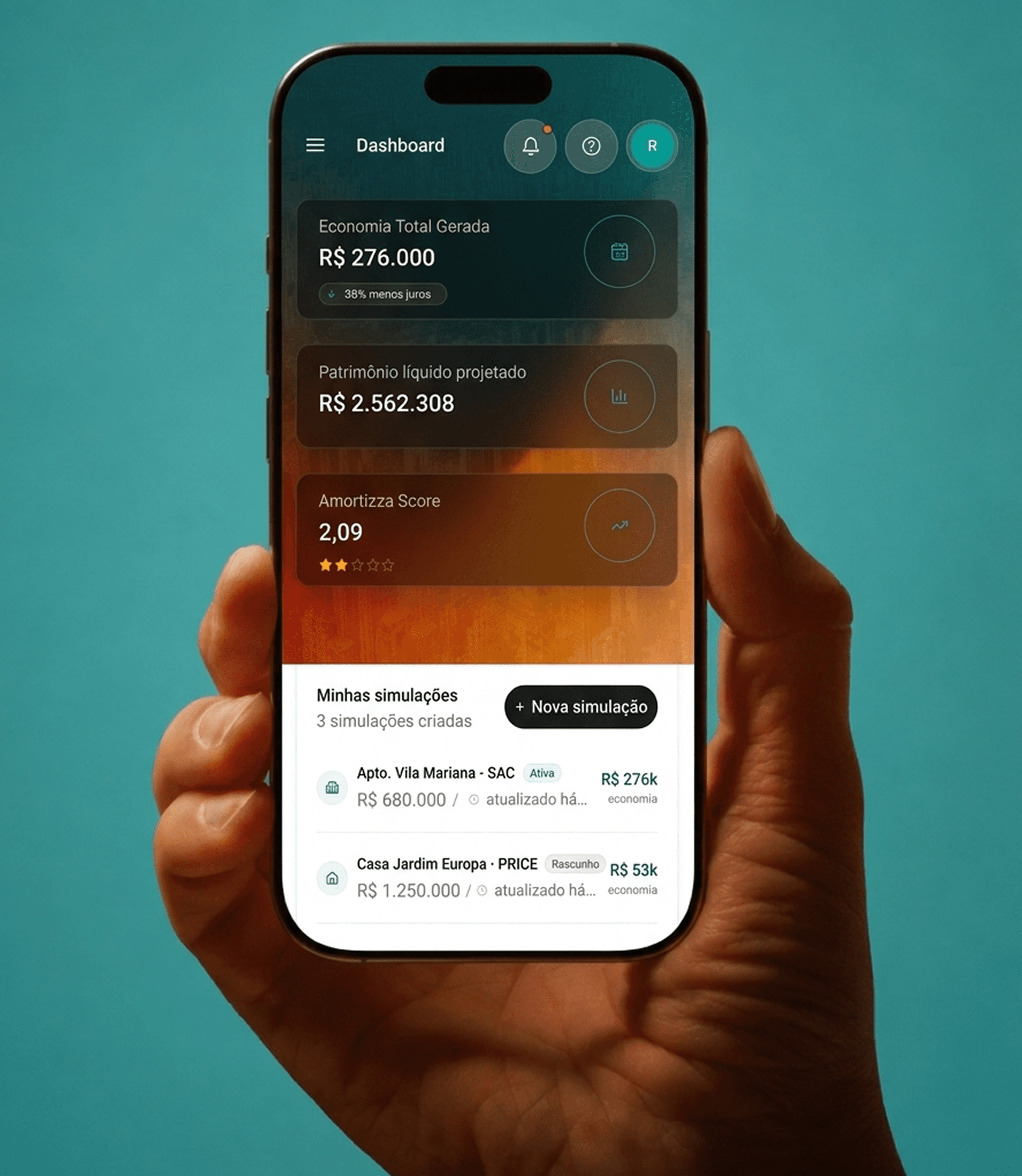 Dashboard preditivo de controle financeiro no celular